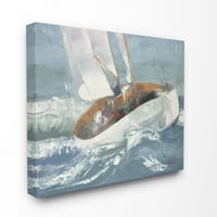 Stupell Home Dekor Sailboat tengeri lejtők óceánkék barna tengerparti festmény vászon fali művészet harmadik és falon