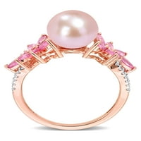 A Miabella női édesvízi tenyésztett gyöngy és 1- Carat T.G.W. Pink Sapphire és Carat T.W. Gyémánt 14KT rózsa arany fürt virággyűrű