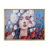 Designart 'Portré egy piros és fehér virággal rendelkező fiatal hölgy' hagyományos keretes vászon fali művészete