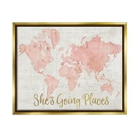 Stupell Industries, ő megy, a helyek idézi rózsaszín akvarell világtérkép fém arany keretes úszó vászon fal művészet, 16x20