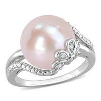 Miabella női rózsaszín édesvízi gyöngy gyémánt akcentus ezüst virág osztott szár gyűrű