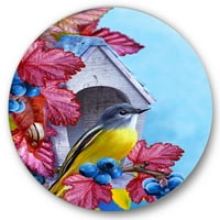 Designart 'Titmouse madár egy bogyó ágon ül egy madárház közelében.' Hagyományos körfém fali művészet - 11 lemez