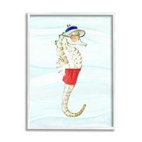 Stupell életmentő SeaHorse vicces tengeri tájfestés Fehér keretes művészeti nyomtatási fal művészet