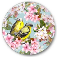 Designart 'Madarak rózsaszín cseresznye sakura és alma virágok ii. ”Hagyományos körfém fali művészet - 23 -as lemez